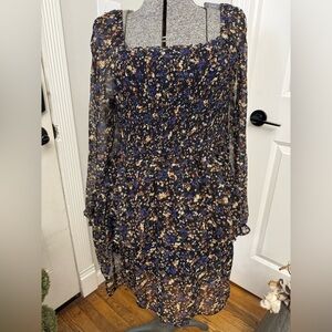 Hayden Black Ditzy Floral Smocked Square-Neck Long Sleeve Dress Small